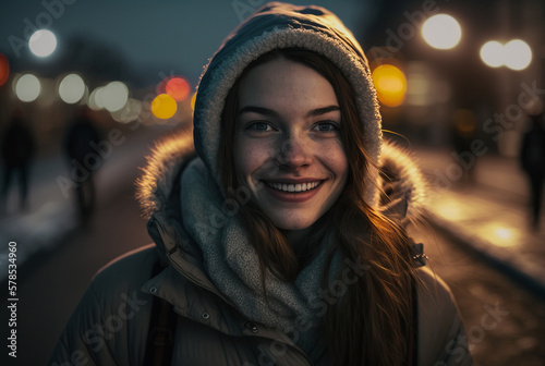 young woman wearing winter jacket and winter hat, teenager or young adult in a good mood outdoors on a street at night. Generative AI