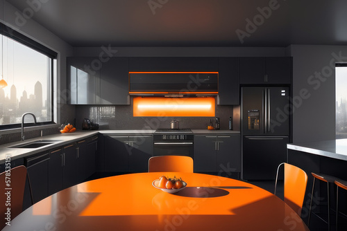 Black and orange themed kitchen with a table, chairs and a window with a view of the city outside of it, and a bowl of fruit on the table. Generative AI © Kredik
