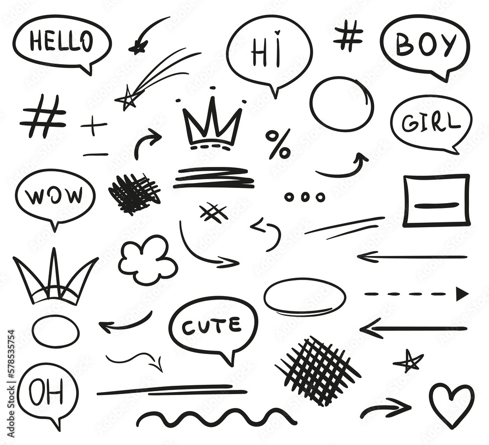 Fototapeta premium Infographic elements on isolated white background. Hand drawn simple signs. Line art. Set of different shapes. Black and white illustration. Doodles for artwork