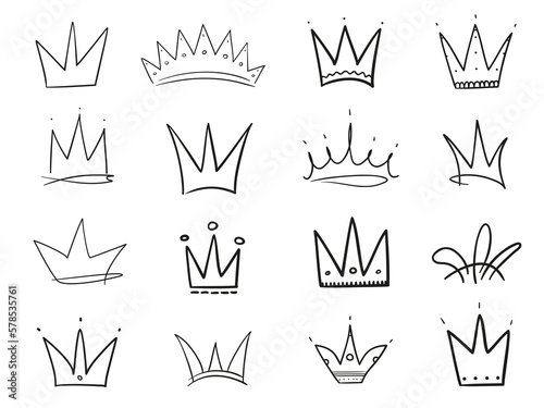 Infographic elements on isolation background. Collection of crowns on white. Hand drawn simple objects. Line art. Black and white illustration. Elements for design