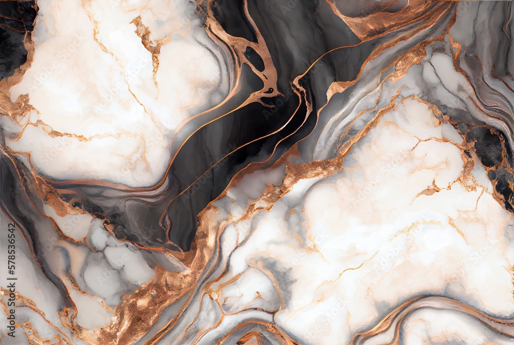 White marble with with gold and copper metal veins surface abstract background. Decorative acrylic paint pouring rock marble texture. Horizontal natural copper and gold abstract pattern. - obrazy, fototapety, plakaty 