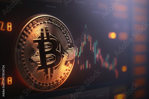 a bitcoin trading chart with fictional characters and language and location, digital readout or display showing current data and numbers of the stock market stock prices. Generative AI