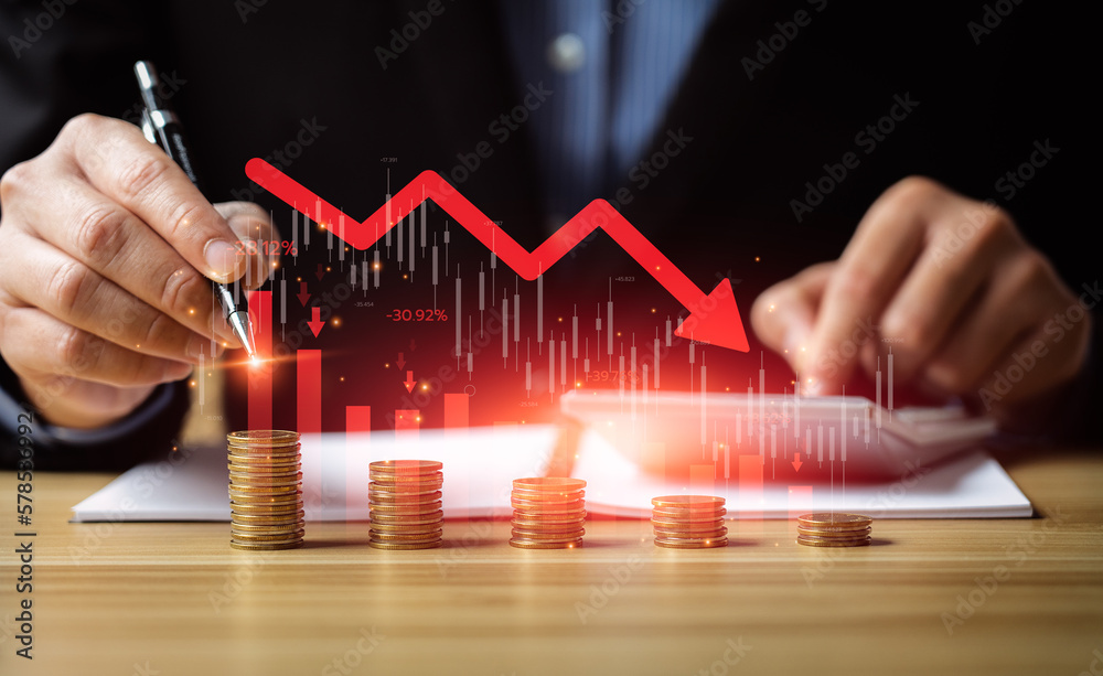 Economic collapse concept, businessman with falling financial graph chart due to global recession. Stock market crash, inflation, financial crisis, Falling income in GDP, capital reduction - obrazy, fototapety, plakaty 