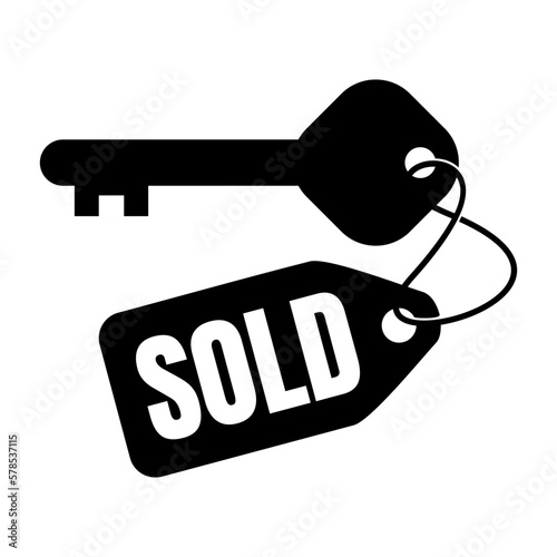 Key With Sold Label. Trendy Flat Style Icon for Promotional Sale Badge, Tag, Home, Real Estate, App, UI, Web. Vector Illustration