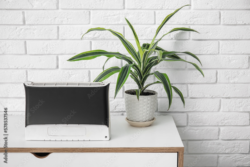 Air purifier and houseplant on chest of drawers near white brick wall Air purifier and houseplant on chest of drawers near white brick wall