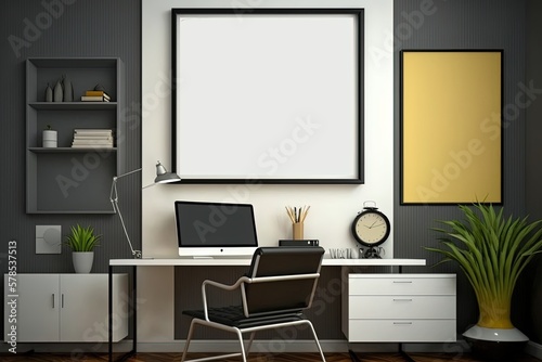 Blank horizontal poster frame mock up in minimal white style living room interior, modern living room interior background, Ai generative. © AKKA