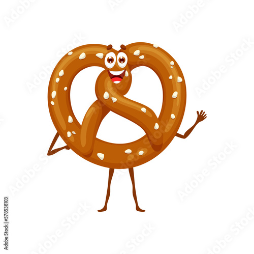 Cartoon pretzel character, funny bakery bread, vector funny food with face and smile. Pretzel snack or happy pastry emoji with eyes, German bread or Oktoberfest snack emoticon and comic personage