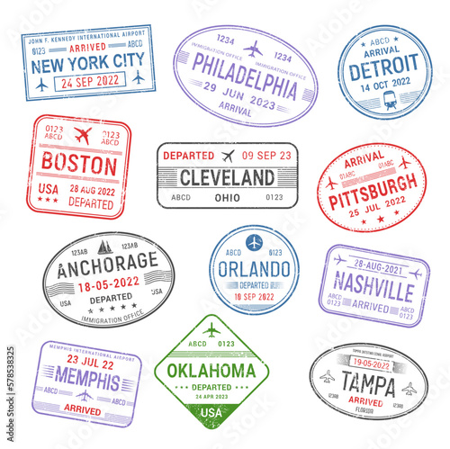 Passport travel stamps. USA cities. United States trip, immigration visa, plane international flight vector ink label with New York, Philadelphia, Boston and Cleveland, Pittsburgh, Anchorage stamps