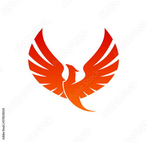 Phoenix bird with raised wings of red fire flames. Vector flying fenix or phoenix, fantasy firebird with flaming feathers and wings. Abstract burning eagle, falcon or hawk isolated heraldic emblem
