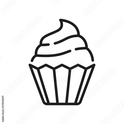Muffin bakery food isolated outline dessert, strawberry cupcake thin line icon. Vector muffin with cream, birthday bakery cake sugar snack