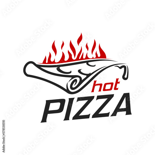Pizza icon, pizzeria or Italian restaurant and fast food bakery vector badge. Pizza slice with cheese drip flow on oven fire flame, handmade oven baked Neapolitan pizza emblem for Italian pizzeria