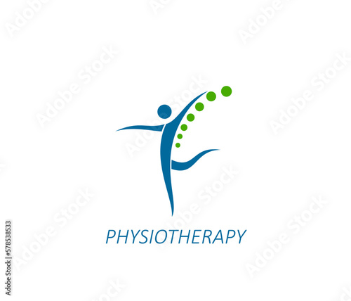 Physiotherapy, spine pain therapy icon. Physiotherapy clinic, spine health doctor or chiropractic massage therapist vector emblem. Back pain treatment medical practice sign or symbol with human figure