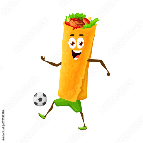 Cartoon mexican burrito character playing football sport game. Vector personage of cute tex-mex sandwich wrap or fast food tortilla roll with chicken meat and salad kicking football or soccer ball