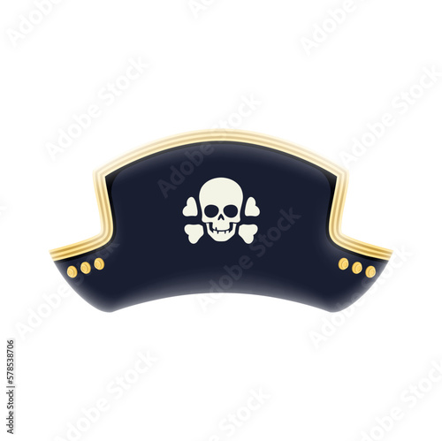 Cartoon pirate captain tricorn cocked hat. Pirate costume accessory, corsair classic headgear or filibuster clothing vector element. Privateer isolated hat with Jolly Roger human skull and bone symbol