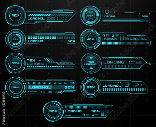 HUD futuristic loading bars, Sci Fi user interface and digital technology, vector screen UI. HUD game loading bars and future tech process load or data donwload dashboard with status holograms