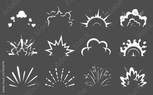 Photographie Cartoon bomb explosion and comic clouds of boom blast, explosive effect vector icons