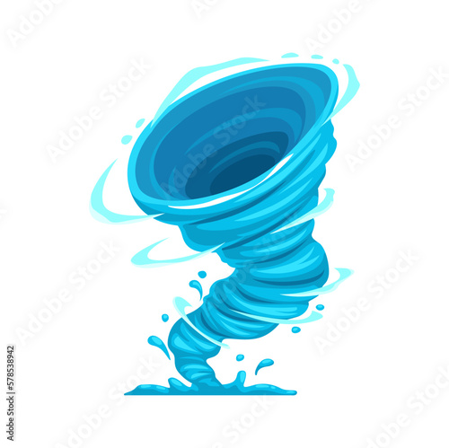 Cartoon tornado storm, cyclone hurricane or whirlwind twister, vector wind funnel. Blue tornado swirl or typhoon windstorm, cartoon thunderstorm hurricane twist with windy twirl of air vortex