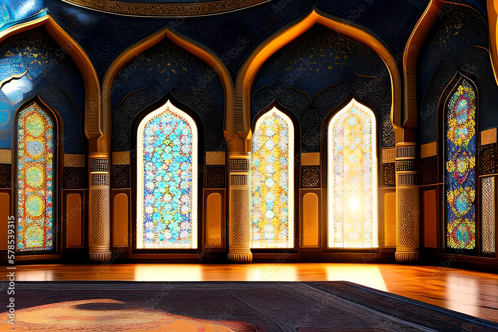 AI generated image of the inside of a mosque welcoming the month of Ramadan for Muslims around the world AI generated image of the inside of a mosque welcoming the month of Ramadan for Muslims around the world