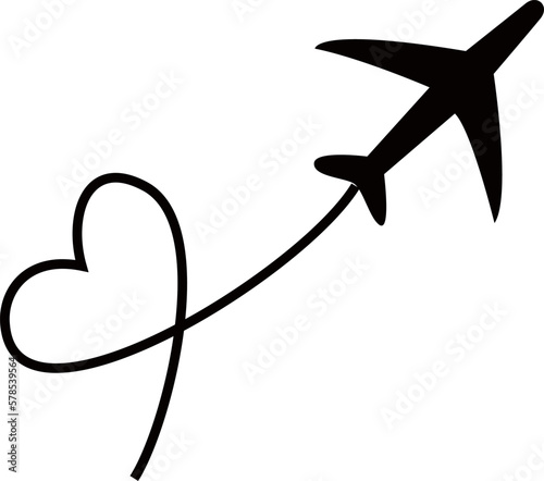 simple vector airplane icon with black and white heart