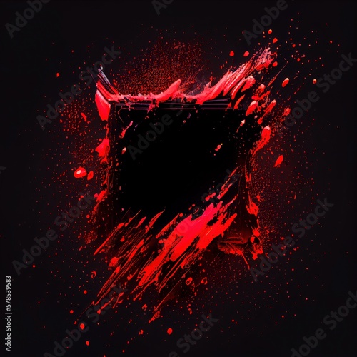 A square frame with red paint splashes on black background. Liquid paint pouring texture. Ai generated abstract illustration with black square frame covered with colorful drops.