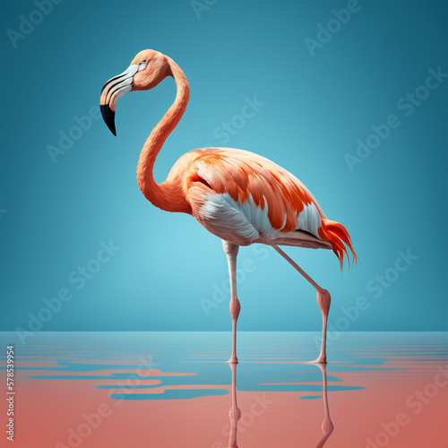 Realistic flamingos standing on clear blue sea with nice sunny sky. Generative AI
