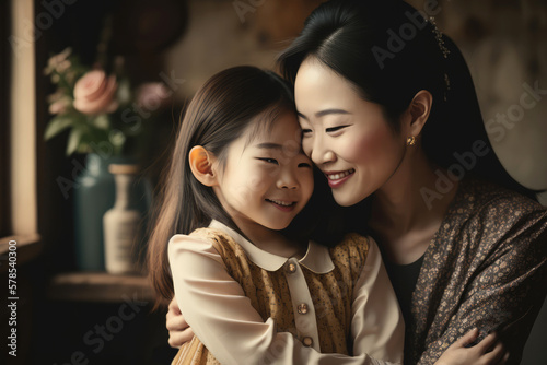 Asian mother and daughter, happy Mother's day card Generative AI
