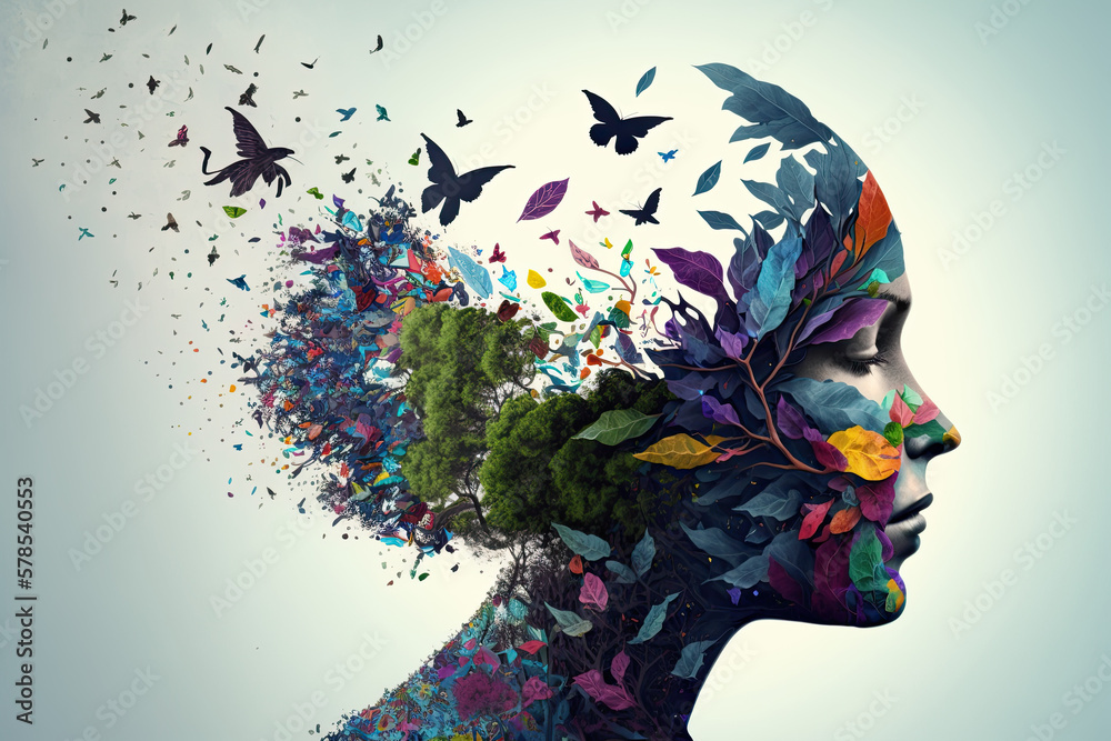 Double exposure woman profile and nature mental health earth day ...