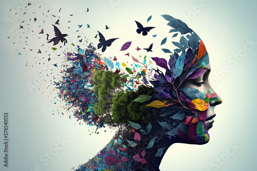 Double exposure woman profile and nature mental health earth day therapy anxiety awareness illustration