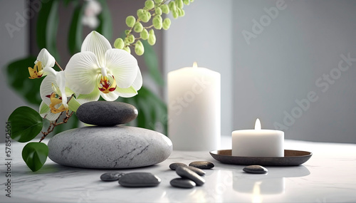 spa stones, burning candles and flowers with spa theme and free space for text, generative ai
