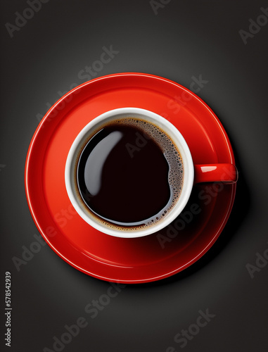 Striking red cup of black coffee with foam and bubbles on black background. Generative AI