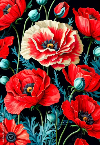 Red poppy floral abstract pattern. Artistic drawn bright flowers and buds field painting. AI generated creative decorative watercolor vertical poster.