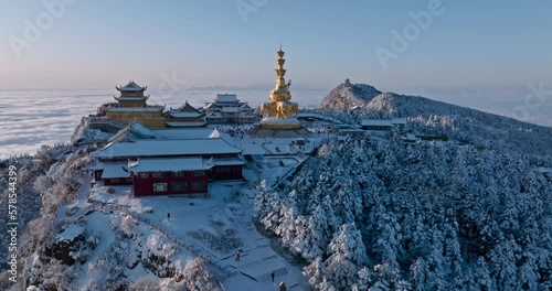 Aerial landscape of Emei mountain summit in the winter snow day morning sunrise