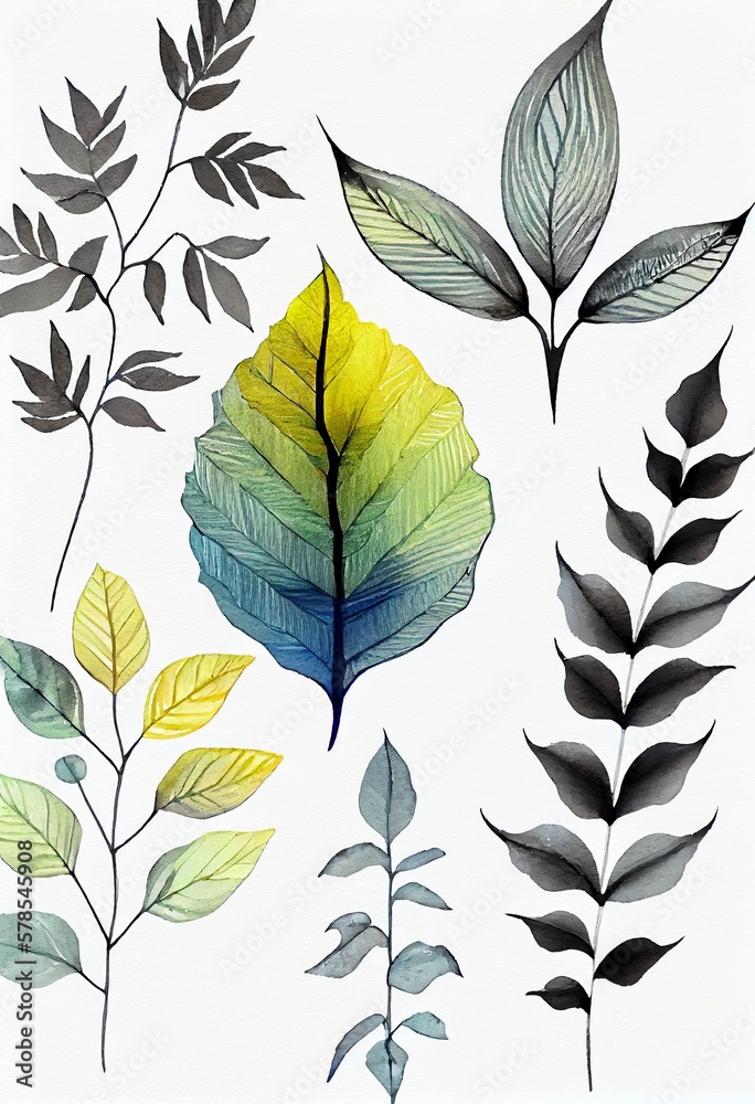 Obraz premium Tree leaves watercolor pattern on white background. Artistic drawn pastel botanical plants painting. AI generated creative decorative floral green vertical poster.