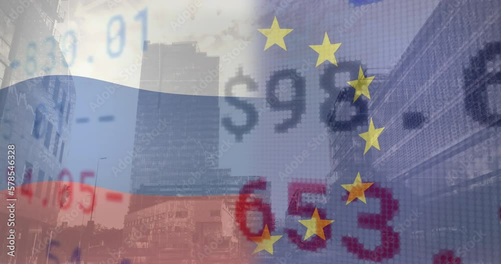 Animation of flags of eu and russia over stock market and cityscape