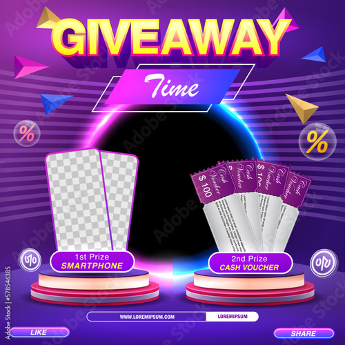 Giveaway winner announcement social media post template with smartphones prizes and cash vouchers. Vector illustration