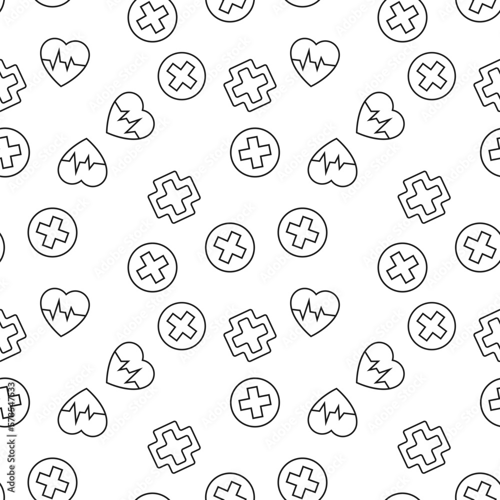Obraz premium Vector seamless pattern of pulse, cardiogram, medical cross on white background. It can be used for printing on various surfaces