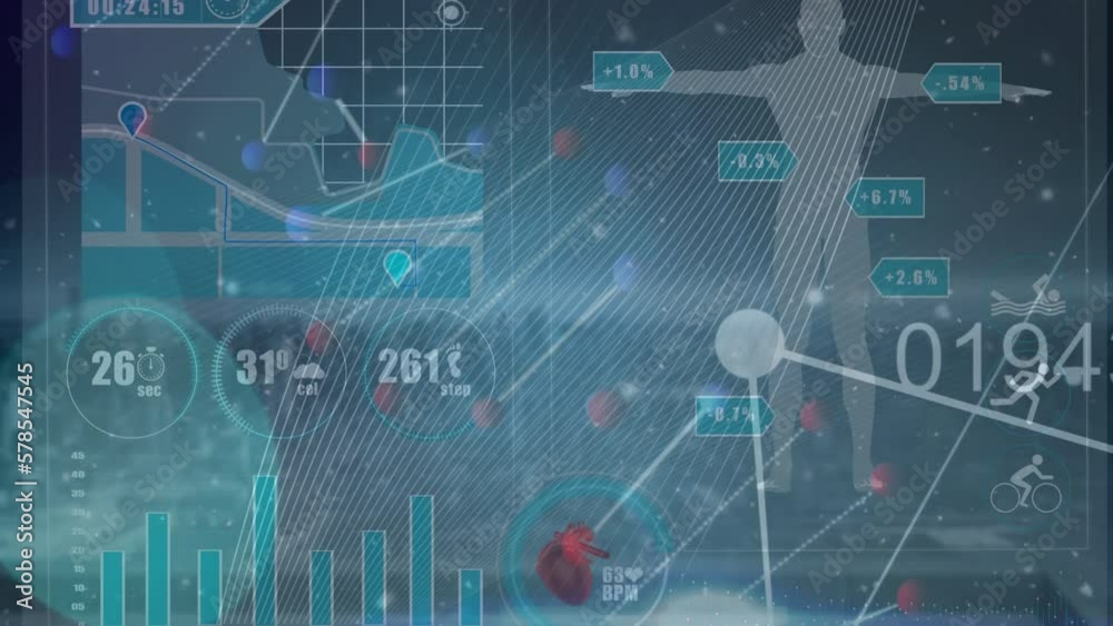 Animation of dna strand and digital human over science data processing and cityscape Animation of dna strand and digital human over science data processing and cityscape