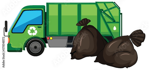 Garbage truck in green color with trash bag
