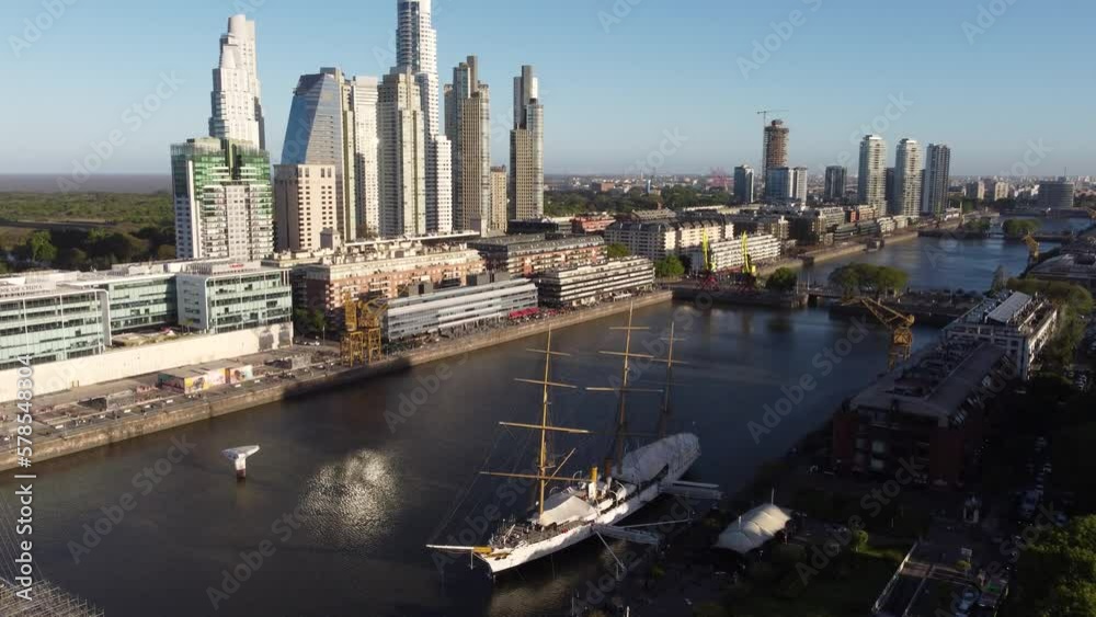 Drone view of sailing ship in city park at Puerto Madero area in Buenos Aires Argentina Drone view of sailing ship in city park at Puerto Madero area in Buenos Aires Argentina