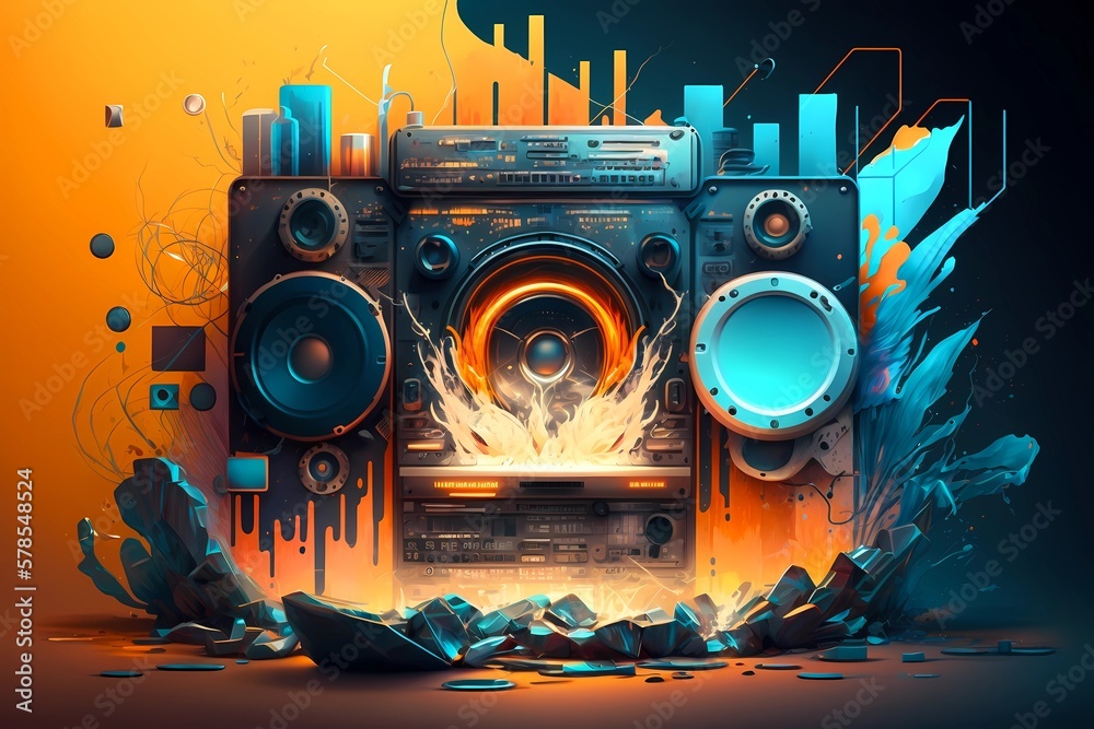 Fototapeta premium Futuristic music abstract visual background. Trendy artistic beat speakers with splash particles visualization. Vibrant musical audio soundwaves. Nightlife EDM scene sound illustration. Generative AI