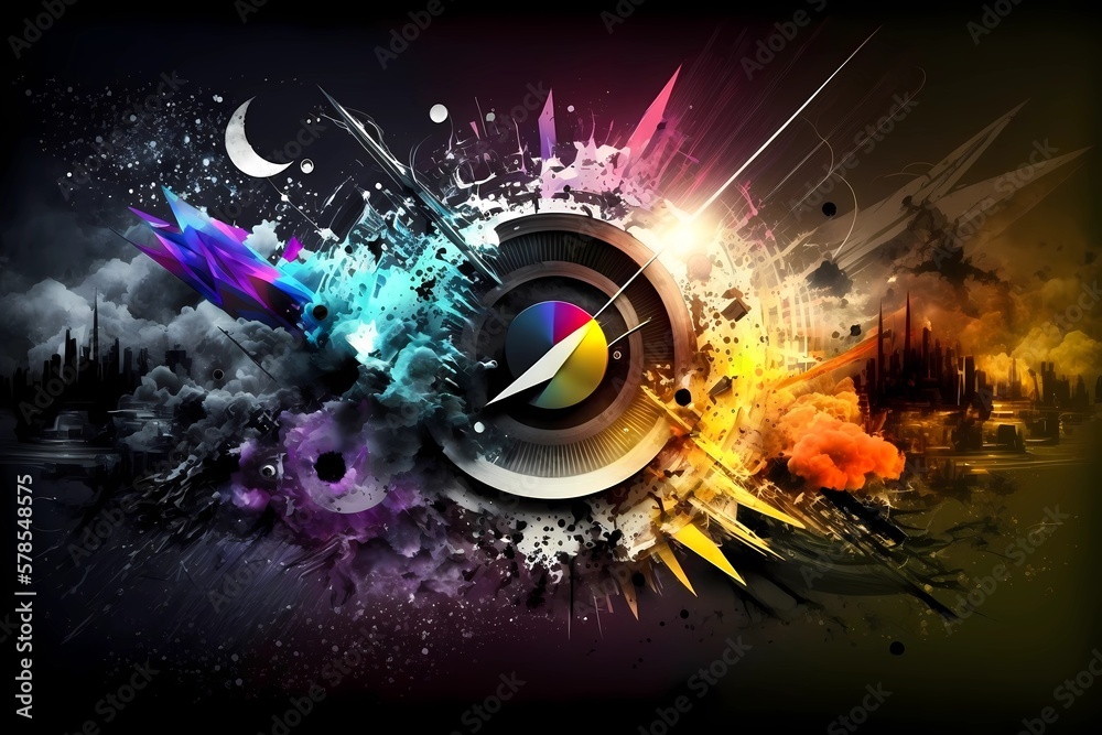 Futuristic music abstract visual background. Trendy techno beat speakers with splash particles visualization. Vibrant musical audio soundwaves. Nightlife EDM scene sound illustration. Generative AI Futuristic music abstract visual background. Trendy techno beat speakers with splash particles visualization. Vibrant musical audio soundwaves. Nightlife EDM scene sound illustration. Generative AI