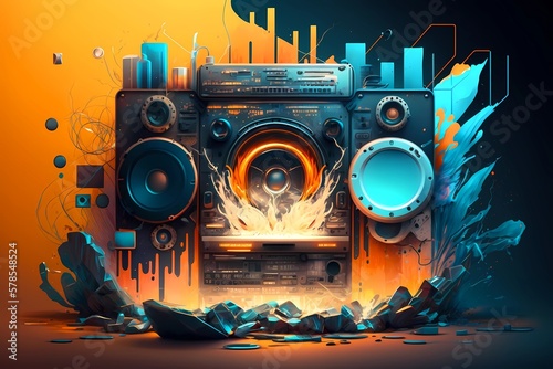 Futuristic music abstract visual background. Trendy artistic beat speakers with splash particles visualization. Vibrant musical audio soundwaves. Nightlife EDM scene sound illustration. Generative AI