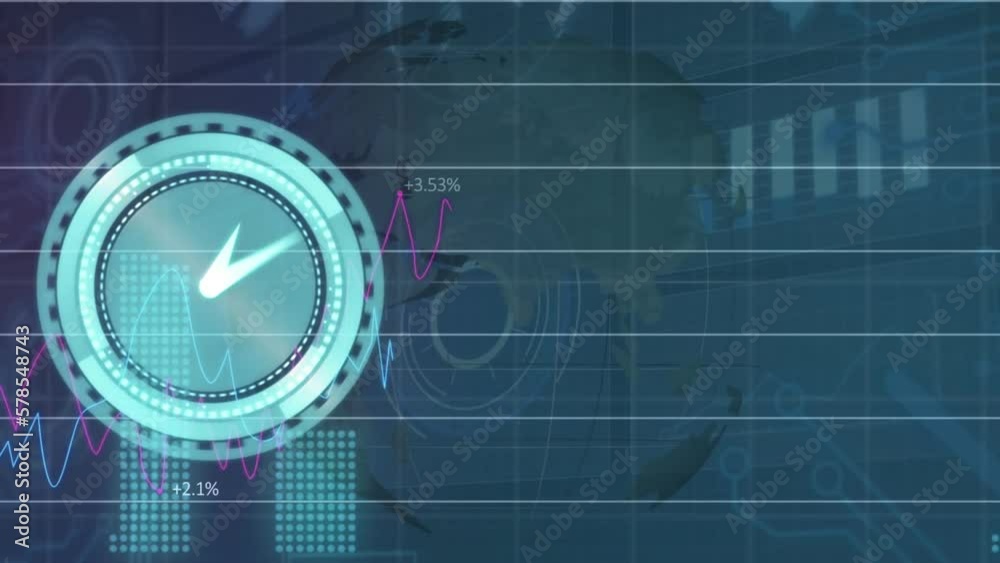 Animation of data processing and clock over globe Animation of data processing and clock over globe