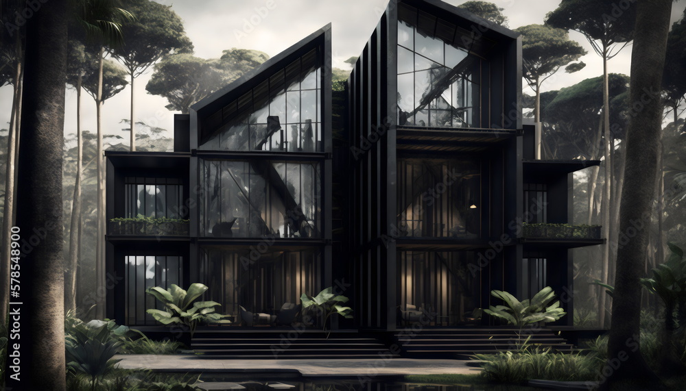 modern, architectural black home in jungle made with generative ai