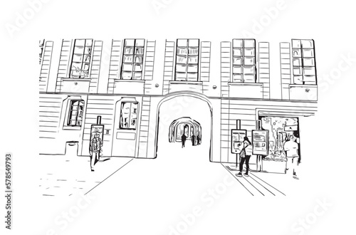 Building view with landmark of Prague is the 
capital of the Czech Republic. Hand drawn sketch illustration in vector