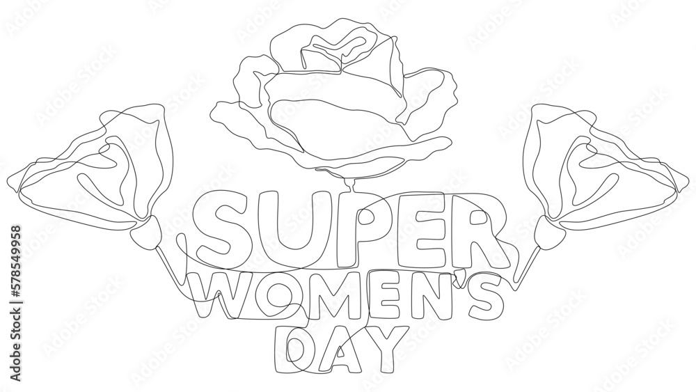 One continuous line of Super Women's Day word with flower. Thin Line Illustration vector concept. Contour Drawing Creative ideas. One continuous line of Super Women's Day word with flower. Thin Line Illustration vector concept. Contour Drawing Creative ideas.
