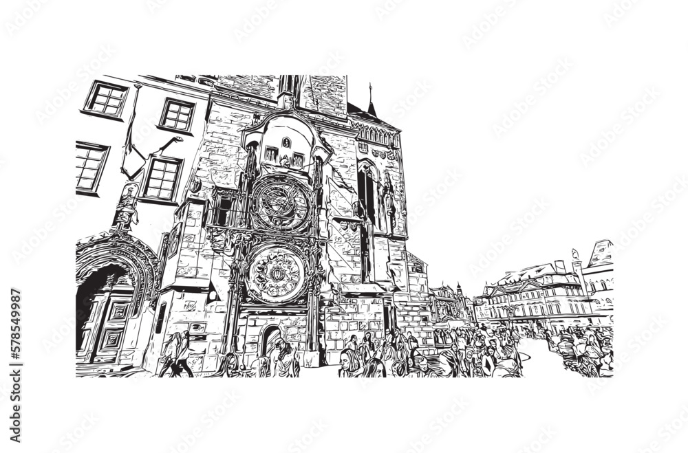 Building view with landmark of Prague is the 
capital of the Czech Republic. Hand drawn sketch illustration in vector