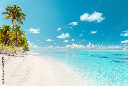 Beach travel vacation tropical paradise getaway on coral reef island atoll with idyllic pristine ocean crystal clear turquoise water lagoon. Pefect honeymoon destination background