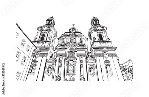Building view with landmark of Prague is the 
capital of the Czech Republic. Hand drawn sketch illustration in vector