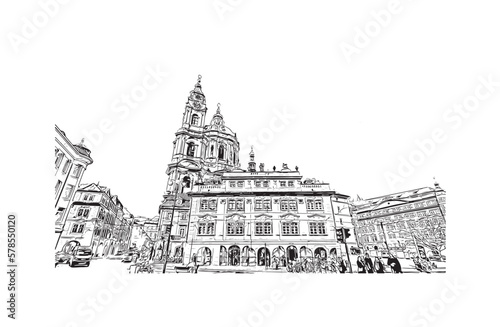 Building view with landmark of Prague is the  capital of the Czech Republic. Hand drawn sketch illustration in vector